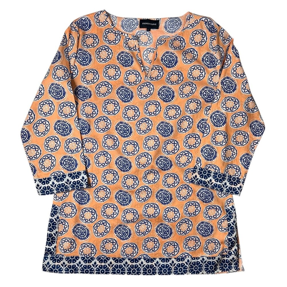 French Curve Coral & Navy Print 3/4-Sleeve Tunic Top Size L Beachy Coastal